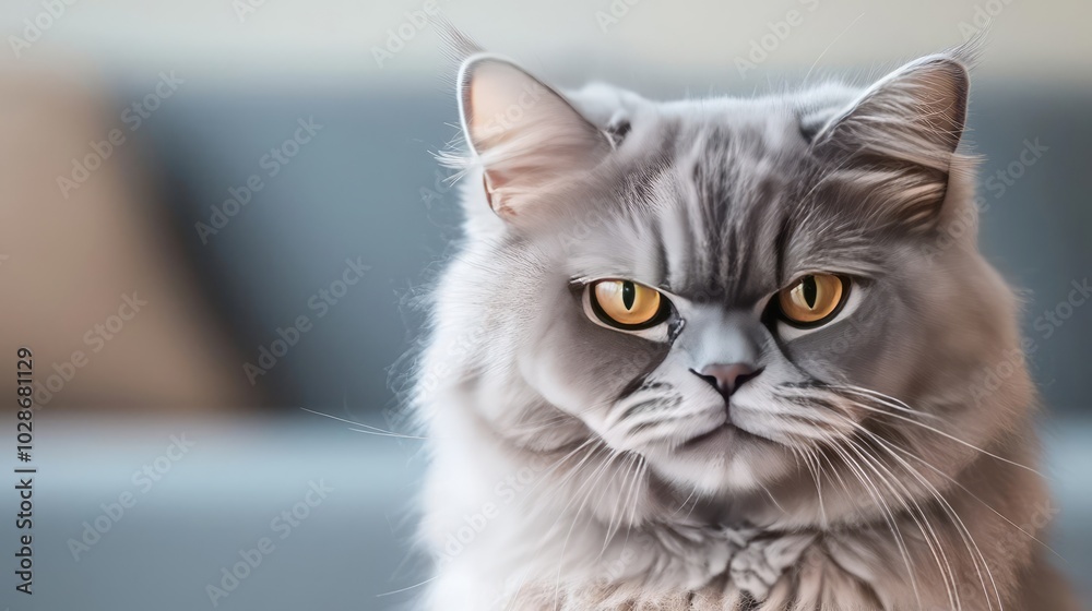 Persian cat with striking yellow eyes on a soft background, white isolate background