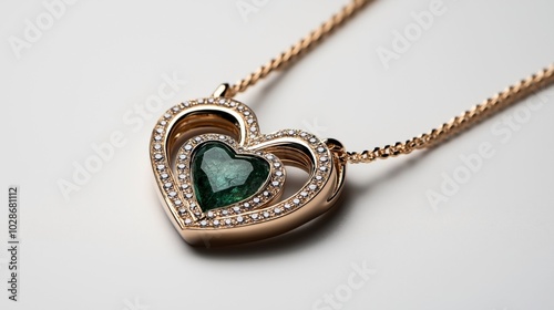 Elegant heart-shaped pendant necklace with a green gemstone centerpiece and diamond accents set in gold, displayed on a light background. photo