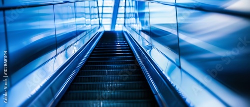 A futuristic escalator, bathed in cool blue light, stretches upwards, symbolizing progress and journey.