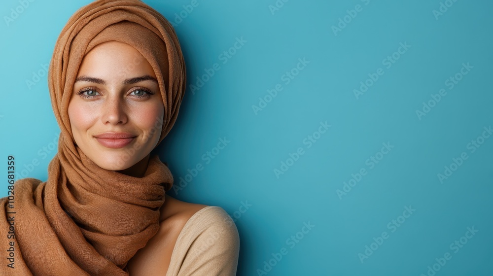 A woman with bright eyes and a brown headscarf smiles warmly against a soft blue background, capturing a blend of elegance and serenity. A woman with bright eyes and a brown headscarf smiles warmly against a soft blue background, capturing a blend of elegance and serenity.
