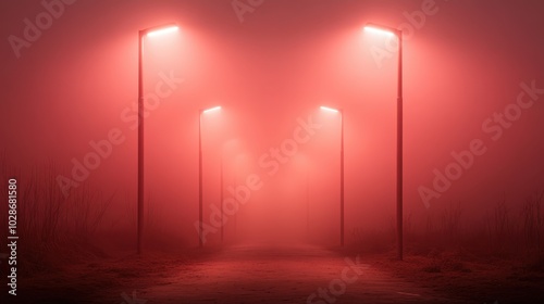 A misty path lined with red glowing streetlights, creating an eerie and atmospheric mood. The juxtaposition of light and mist enhances the mystique of the scene.