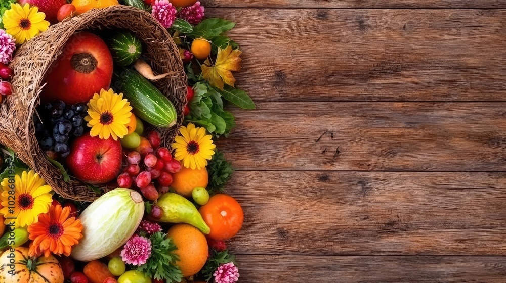 Colorful basket of fresh fruits and flowers on a rustic wooden surface. Colorful basket of fresh fruits and flowers on a rustic wooden surface.