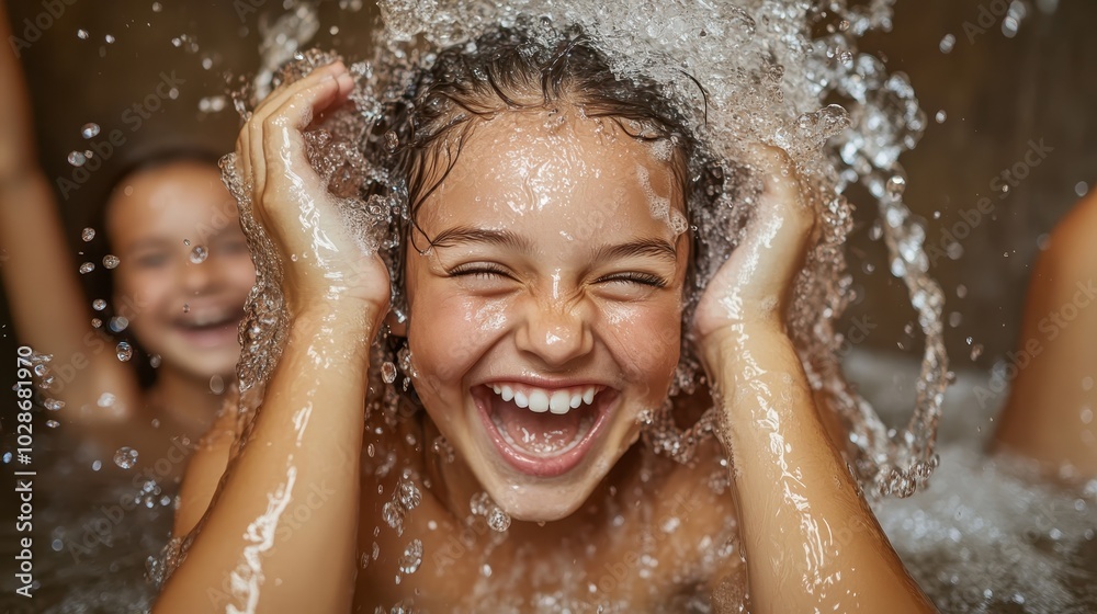 A close-up photo of a girl laughing with delight while water splashes over her in a pool, capturing the joyous essence and youthful energy of summer fun. A close-up photo of a girl laughing with delight while water splashes over her in a pool, capturing the joyous essence and youthful energy of summer fun.