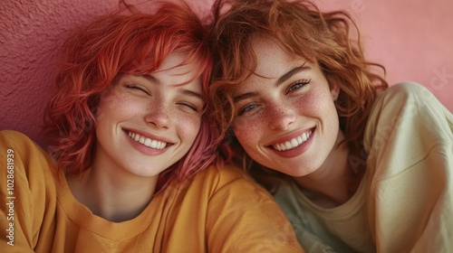 Close-up of two friends with freckles and vibrant hair, wearing casual clothes, captured against a pink wall, expressing happiness and camaraderie.