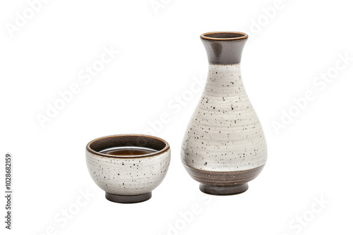 Ceramic sake set with tokkuri and ochoko on a transparent background