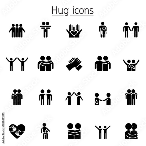 Hug, care, support and friendship icon set in glyph style