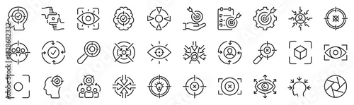 Set of 30 outline icons related to focus, concentration. Linear icon collection. Editable stroke. Vector illustration