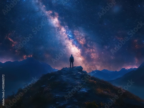 individual standing atop a hill, gazing up at the breathtaking milky way galaxy, surrounded by a serene night sky, evoking feelings of wonder and connection to the universe