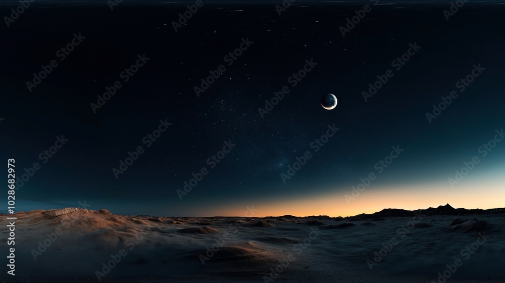 Surreal lunar landscape under a starry sky with a crescent moon glowing in the night and a rugged terrain softly illuminated by dim light on the horizon. Surreal lunar landscape under a starry sky with a crescent moon glowing in the night and a rugged terrain softly illuminated by dim light on the horizon.