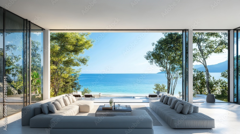 Fototapeta premium Modern open space with ocean view, minimalist design, and relaxing ambiance.