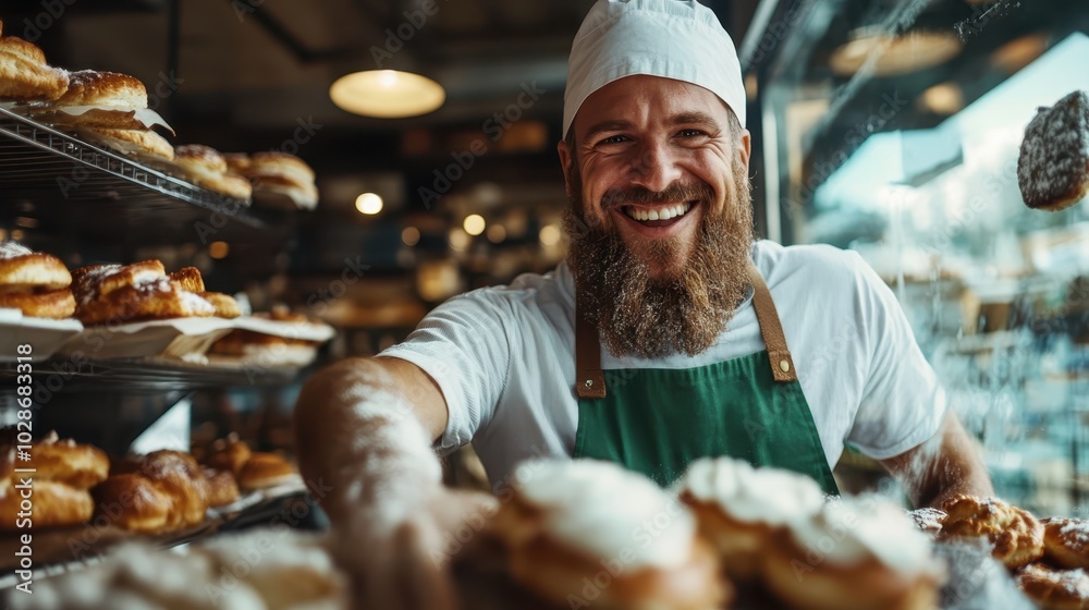 A smiling bearded baker wearing a white shirt and green apron presents a tray of fresh pastries inside a bustling bakery, showcasing his culinary skills. A smiling bearded baker wearing a white shirt and green apron presents a tray of fresh pastries inside a bustling bakery, showcasing his culinary skills.
