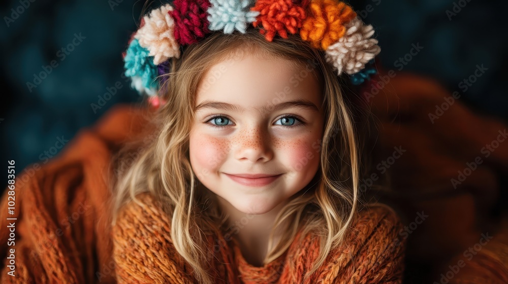 A gleeful child adorned in an orange sweater and colorful flower crown, set against a dark, cozy background, embodying warmth and pure joy. A gleeful child adorned in an orange sweater and colorful flower crown, set against a dark, cozy background, embodying warmth and pure joy.