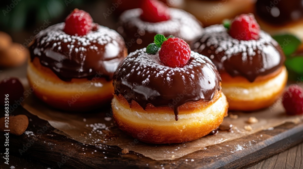 Rich chocolate doughnuts are adorned with raspberries and a dusting of powdered sugar, creating a sophisticated dessert aesthetic on a rustic board. Rich chocolate doughnuts are adorned with raspberries and a dusting of powdered sugar, creating a sophisticated dessert aesthetic on a rustic board.
