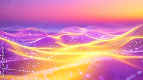 Abstract digital landscape with glowing lines and particles in purple and yellow tones.