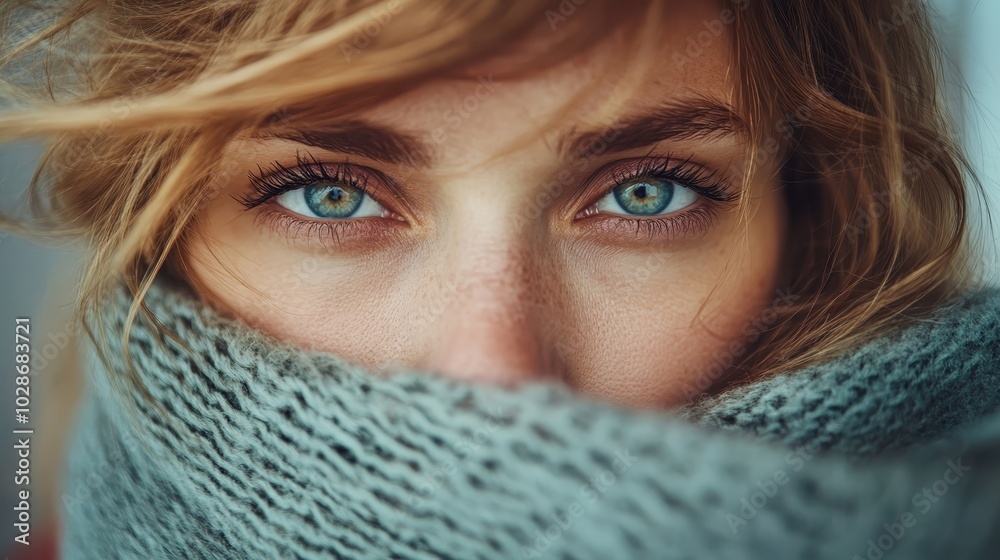 The image captures a woman's piercing gaze, her eyes highlighted by a chunky scarf wrapped around her face, conveying warmth and comfort against a soft background. The image captures a woman's piercing gaze, her eyes highlighted by a chunky scarf wrapped around her face, conveying warmth and comfort against a soft background.