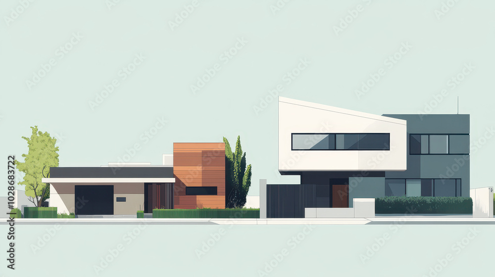 A minimalist modern visual comparing a wealthy neighborhood with clean lines, well-maintained homes, and greenery to a low-income area characterized by stark, simple structures and lack of maintenance A minimalist modern visual comparing a wealthy neighborhood with clean lines, well-maintained homes, and greenery to a low-income area characterized by stark, simple structures and lack of maintenance