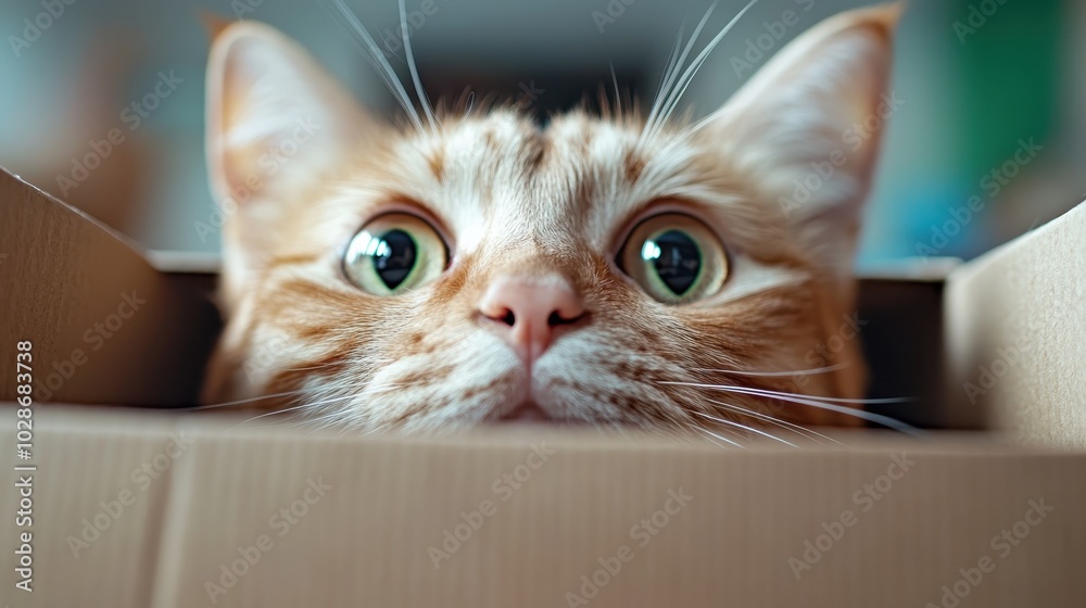 A ginger-furred cat displays its curious nature by peeking over a cardboard box, its mesmerising round eyes adding charm to the mischievous scene. A ginger-furred cat displays its curious nature by peeking over a cardboard box, its mesmerising round eyes adding charm to the mischievous scene.