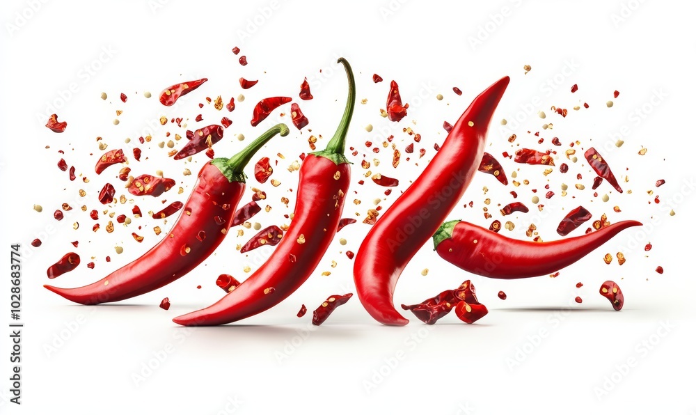 Red chili peppers levitating on white background Red chili peppers levitating on white background