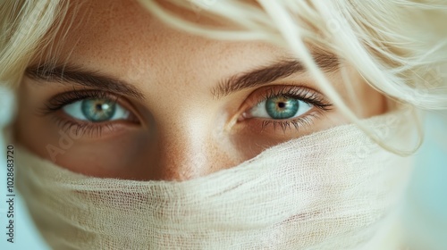 A striking image showcasing vibrant blue eyes, framed by light blonde hair, with a light fabric covering the lower face, creating a sense of mystery and allure.