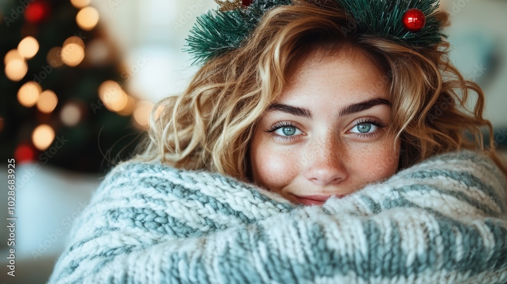 A young woman with curly hair wrapped in a cozy knit blanket sits happily by festive holiday decor, surrounded by warm lights and a cheerful atmosphere. A young woman with curly hair wrapped in a cozy knit blanket sits happily by festive holiday decor, surrounded by warm lights and a cheerful atmosphere.