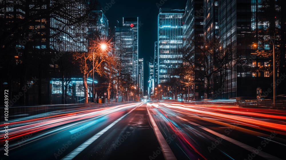 Fototapeta premium Vibrant night cityscape with light trails on urban street