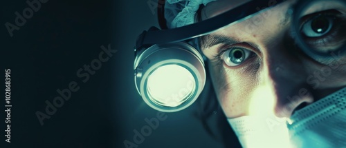 A surgeon's focused gaze peers through magnified lenses, illuminated by intense surgical lighting, revealing determination and precision. photo