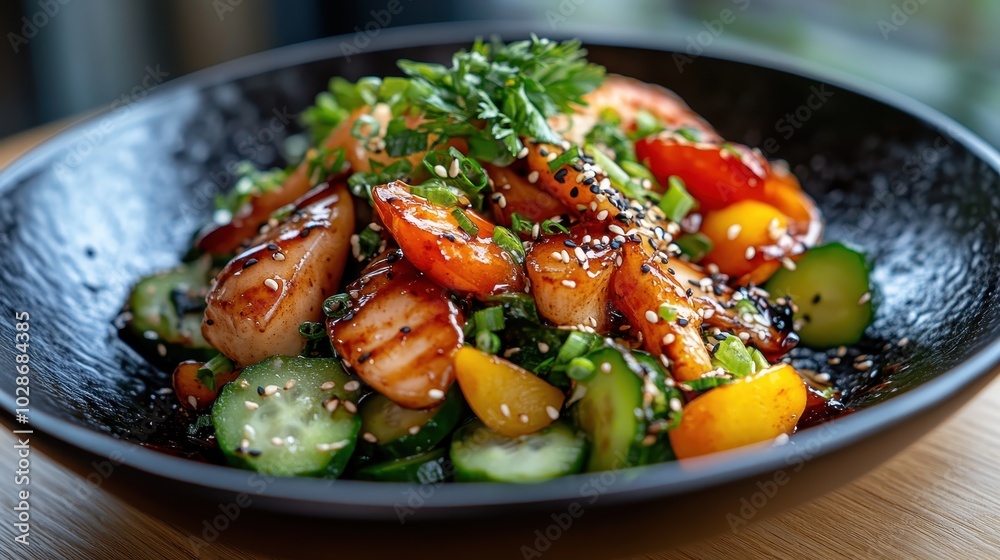 An enticing dish showcasing grilled salmon paired with fresh cucumbers, cherry tomatoes, and a savory glaze, topped with herbs and sesame seeds for added flavor. An enticing dish showcasing grilled salmon paired with fresh cucumbers, cherry tomatoes, and a savory glaze, topped with herbs and sesame seeds for added flavor.
