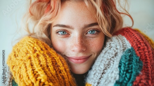 A close-up of a freckled woman with a bright smile, wrapped in multicolored knitwear, radiating warmth and happiness with her lively expression and joyful eyes.