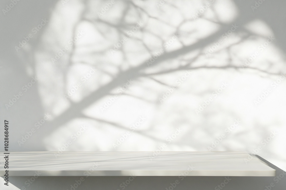Empty white tabletop with tree shadow on white wall backgrounf for product placement and display