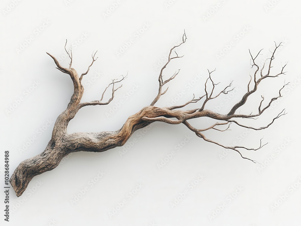Fototapeta premium isolated dry tree branch against a pure white background, symbolizing resilience and simplicity, capturing the beauty of nature's minimalist forms and inviting contemplation