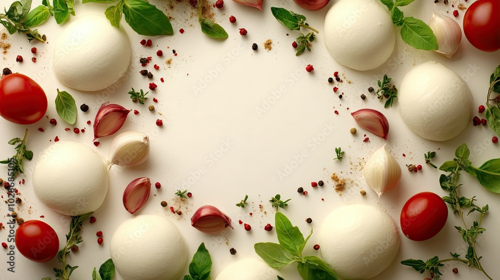 Fresh Mozzarella and Vegetables Surrounding Plate Fresh Mozzarella and Vegetables Surrounding Plate