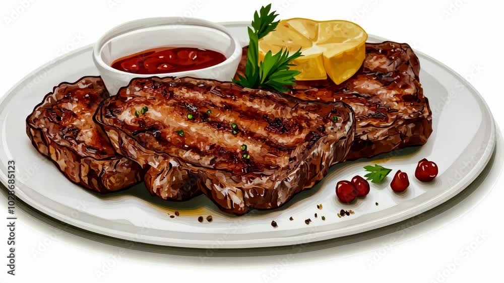 Grilled steaks on a white plate with a side of ketchup, a lemon wedge, and parsley Grilled steaks on a white plate with a side of ketchup, a lemon wedge, and parsley