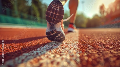 Close-up of a runner's shoe crossing a white line on a red track photo