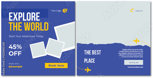 Dream vacation tour and travel agency social media post template, adventure banner social media post and media social story or web banner template.
