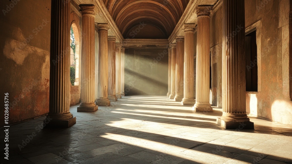 Sunlight Streaming Through Columns of an Ancient Hallway Sunlight Streaming Through Columns of an Ancient Hallway