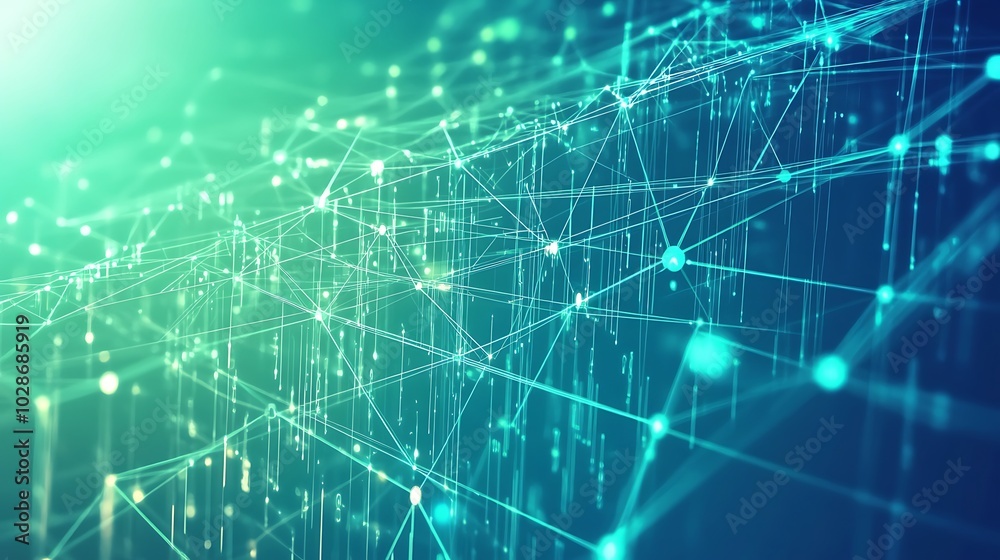 Abstract digital network with glowing lines and dots in green and blue tones. Abstract digital network with glowing lines and dots in green and blue tones.