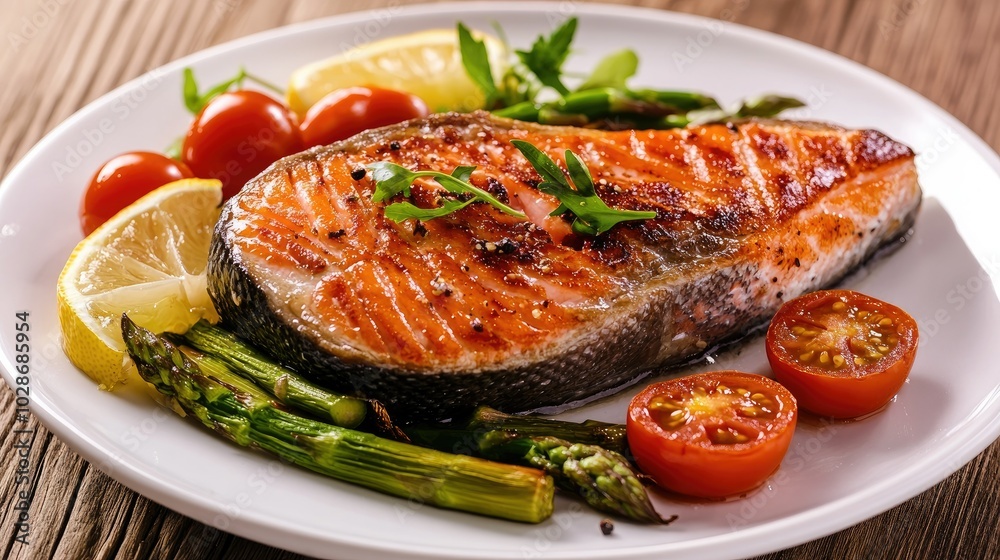 Close-Up View of Succulent Fried Salmon with Vegetables Close-Up View of Succulent Fried Salmon with Vegetables