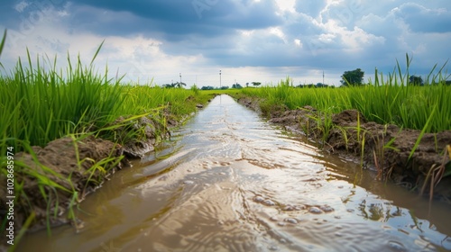 Water Flowing Through A Rice Paddy Irrigation Ditch photo