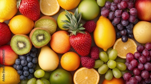 Colorful assortment of fresh fruits, white background