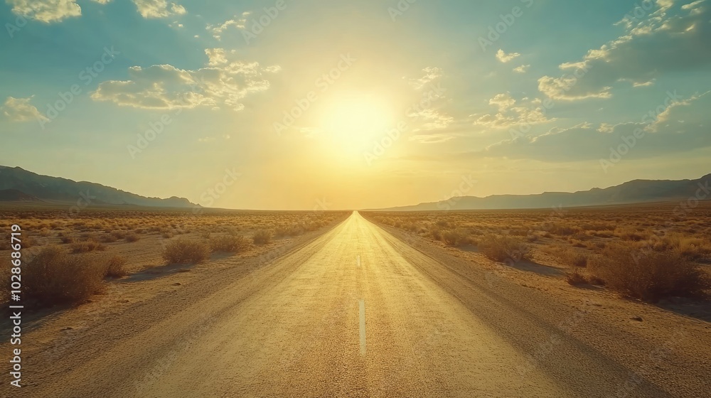 Scenic view of a desert road stretching into the horizon under a bright sky. Scenic view of a desert road stretching into the horizon under a bright sky.