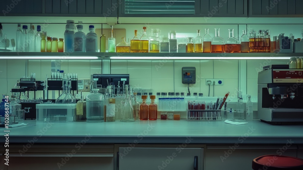 Organized lab supplies on clean counters in a medical research room. Organized lab supplies on clean counters in a medical research room.