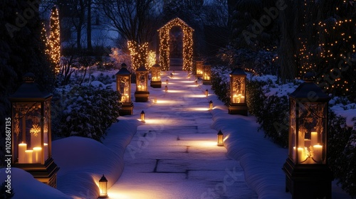 Illuminated Pathway with Lanterns at Night