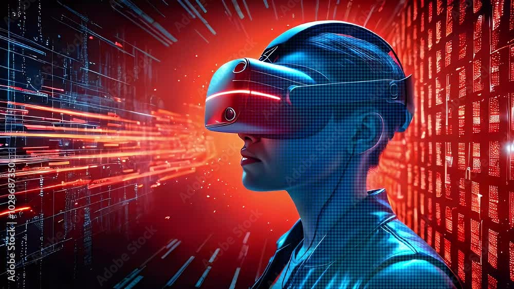 A young woman wearing a virtual reality headset is immersed in a ...