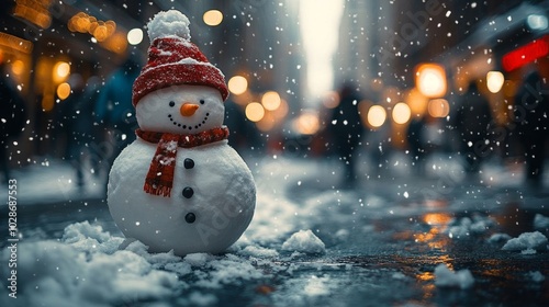 Snowman in a bustling city street.