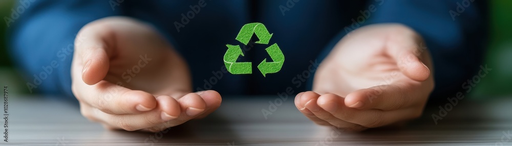 Hands holding recycling symbol, green graphic Hands holding recycling symbol, green graphic