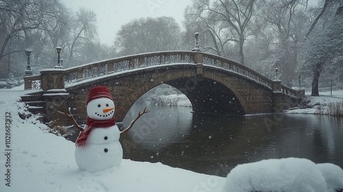 Snowman standing by a snowy bridge.