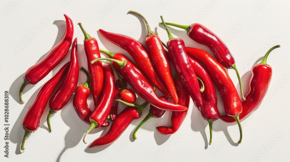 Red Chili Peppers Scattered on a White Background
