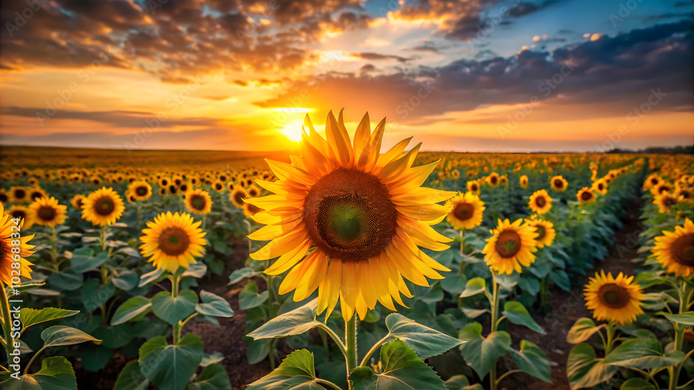 Fototapeta premium Solid minimalist sunflower field at sunset background