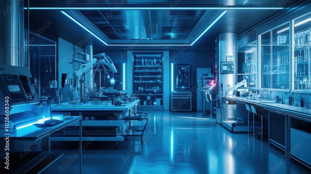 A glowing scene in a futuristic medical research lab, with advanced diagnostic machines and AI tools used for cutting-edge research