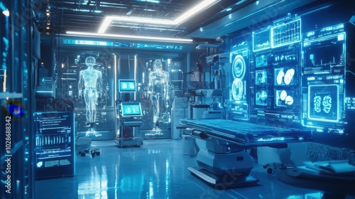 A glowing scene in a futuristic medical research lab, with advanced diagnostic machines and AI tools used for cutting-edge research